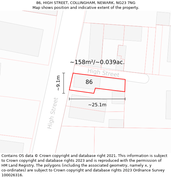 86, HIGH STREET, COLLINGHAM, NEWARK, NG23 7NG: Plot and title map