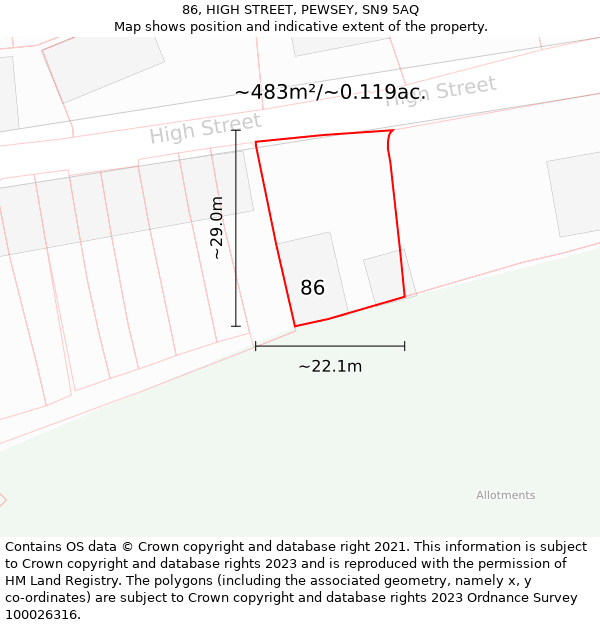 86, HIGH STREET, PEWSEY, SN9 5AQ: Plot and title map