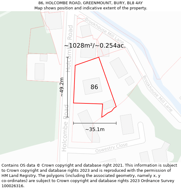 86, HOLCOMBE ROAD, GREENMOUNT, BURY, BL8 4AY: Plot and title map