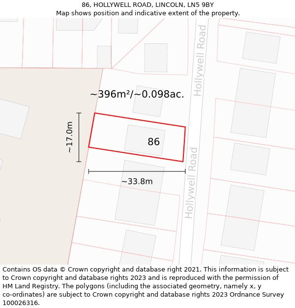 86, HOLLYWELL ROAD, LINCOLN, LN5 9BY: Plot and title map