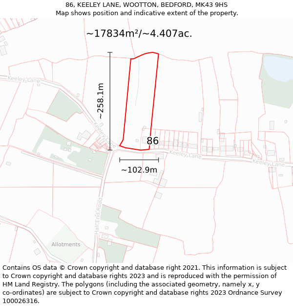 86, KEELEY LANE, WOOTTON, BEDFORD, MK43 9HS: Plot and title map