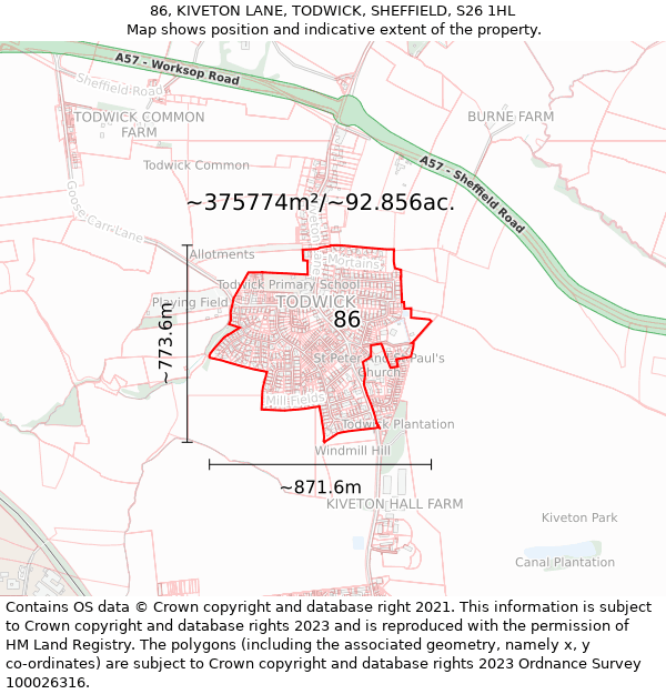 86, KIVETON LANE, TODWICK, SHEFFIELD, S26 1HL: Plot and title map