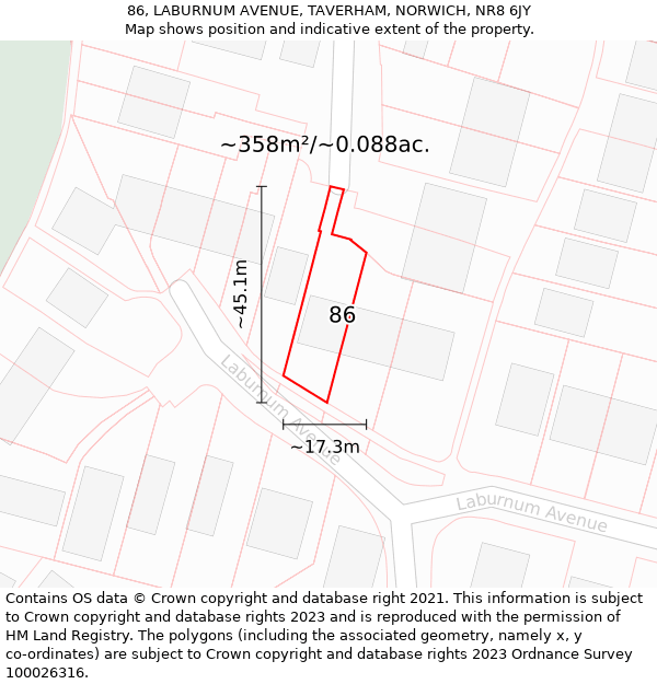86, LABURNUM AVENUE, TAVERHAM, NORWICH, NR8 6JY: Plot and title map