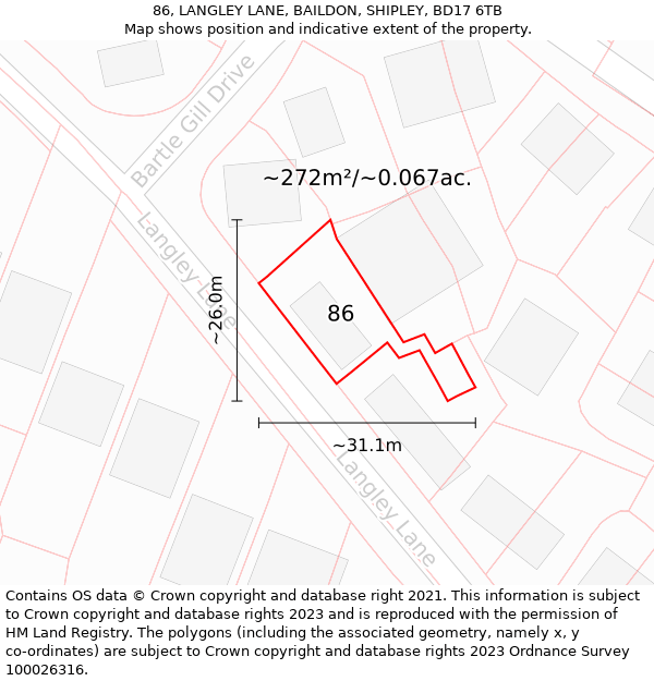 86, LANGLEY LANE, BAILDON, SHIPLEY, BD17 6TB: Plot and title map