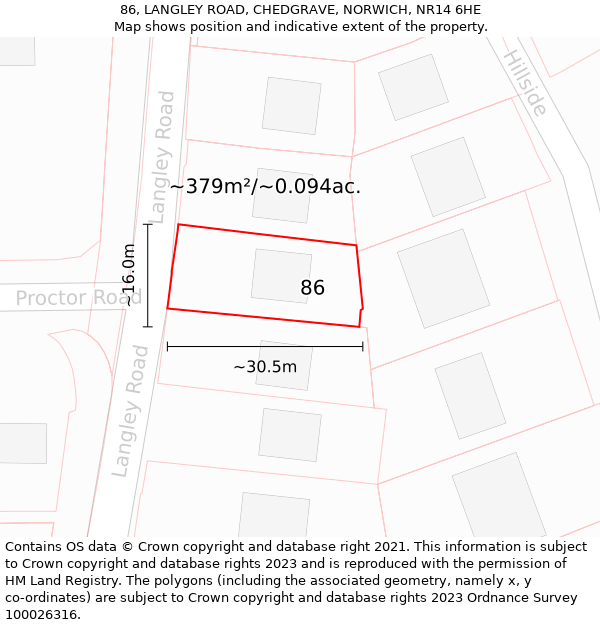 86, LANGLEY ROAD, CHEDGRAVE, NORWICH, NR14 6HE: Plot and title map