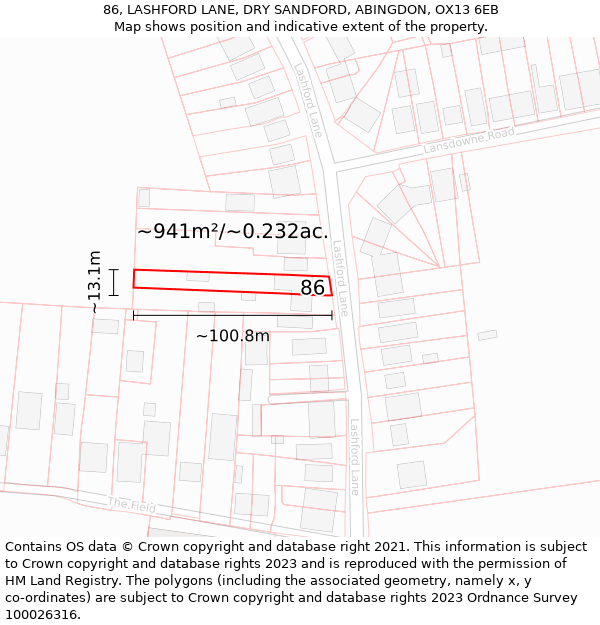86, LASHFORD LANE, DRY SANDFORD, ABINGDON, OX13 6EB: Plot and title map