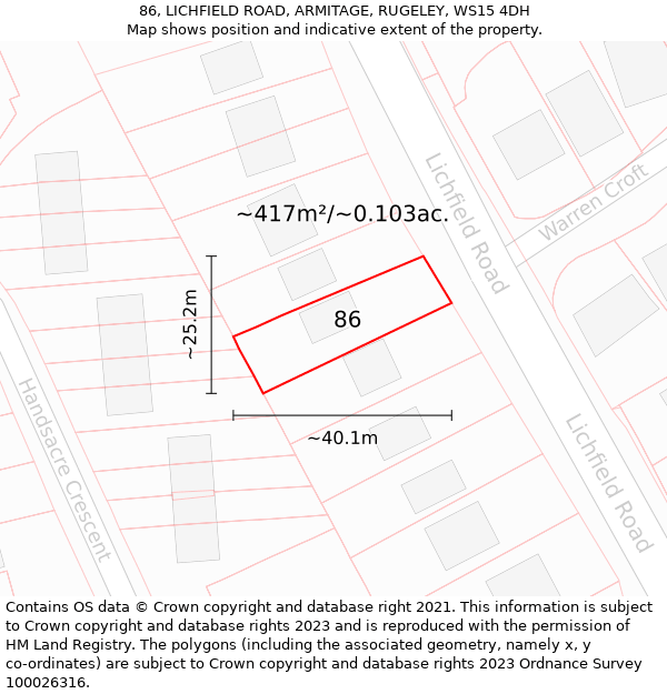 86, LICHFIELD ROAD, ARMITAGE, RUGELEY, WS15 4DH: Plot and title map