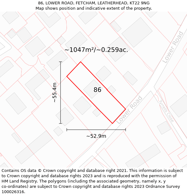 86, LOWER ROAD, FETCHAM, LEATHERHEAD, KT22 9NG: Plot and title map