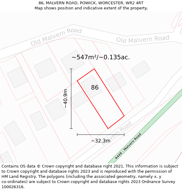 86, MALVERN ROAD, POWICK, WORCESTER, WR2 4RT: Plot and title map