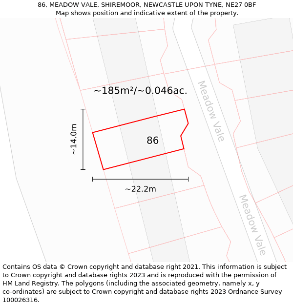 86, MEADOW VALE, SHIREMOOR, NEWCASTLE UPON TYNE, NE27 0BF: Plot and title map