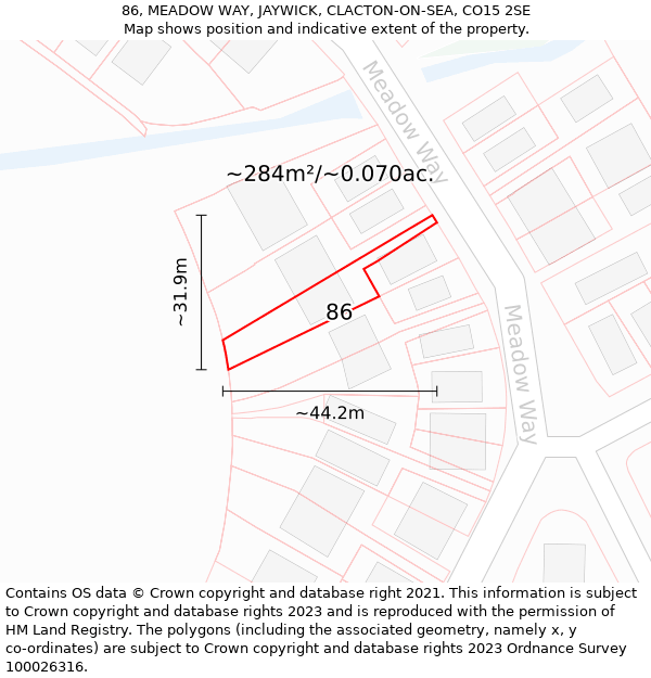 86, MEADOW WAY, JAYWICK, CLACTON-ON-SEA, CO15 2SE: Plot and title map