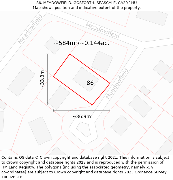 86, MEADOWFIELD, GOSFORTH, SEASCALE, CA20 1HU: Plot and title map