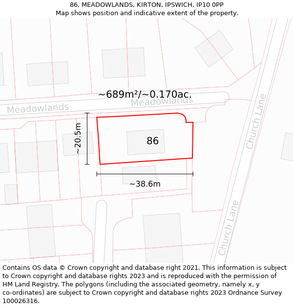 86, MEADOWLANDS, KIRTON, IPSWICH, IP10 0PP: Plot and title map