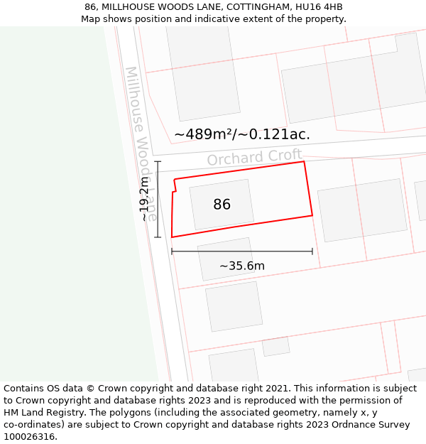 86, MILLHOUSE WOODS LANE, COTTINGHAM, HU16 4HB: Plot and title map