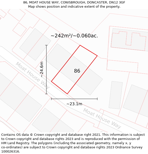 86, MOAT HOUSE WAY, CONISBROUGH, DONCASTER, DN12 3GF: Plot and title map