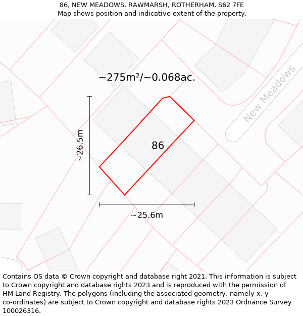 86, NEW MEADOWS, RAWMARSH, ROTHERHAM, S62 7FE: Plot and title map