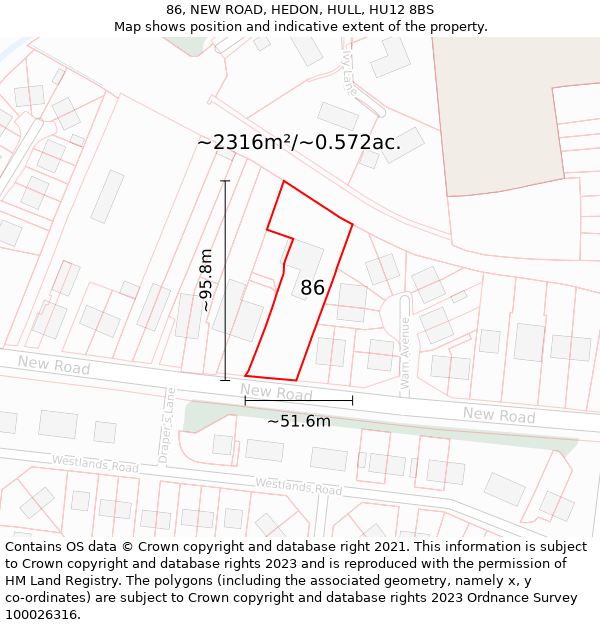 86, NEW ROAD, HEDON, HULL, HU12 8BS: Plot and title map