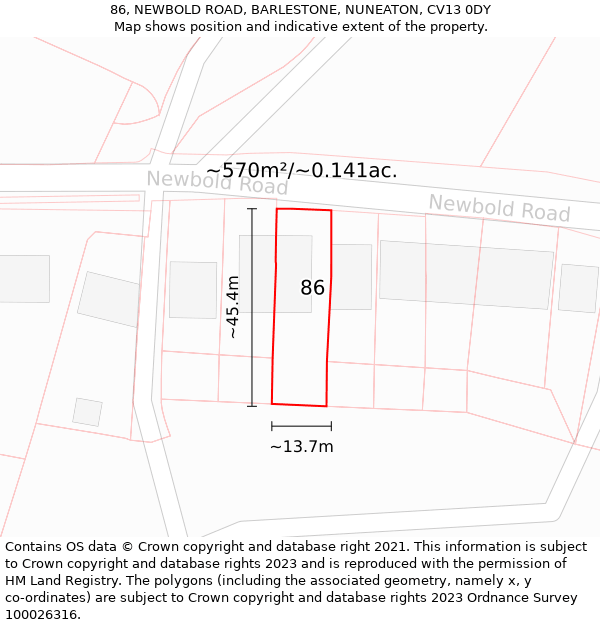 86, NEWBOLD ROAD, BARLESTONE, NUNEATON, CV13 0DY: Plot and title map