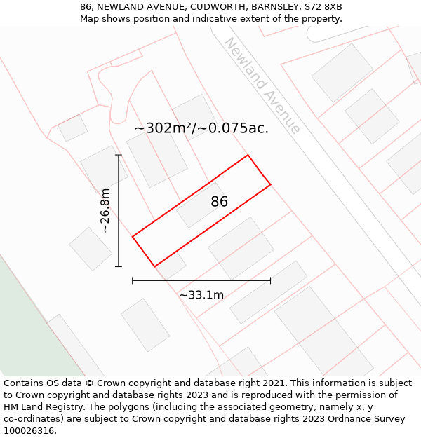 86, NEWLAND AVENUE, CUDWORTH, BARNSLEY, S72 8XB: Plot and title map