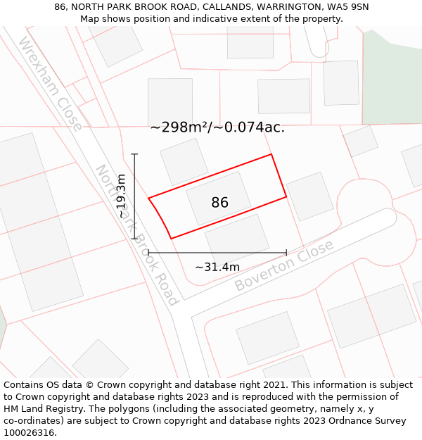 86, NORTH PARK BROOK ROAD, CALLANDS, WARRINGTON, WA5 9SN: Plot and title map