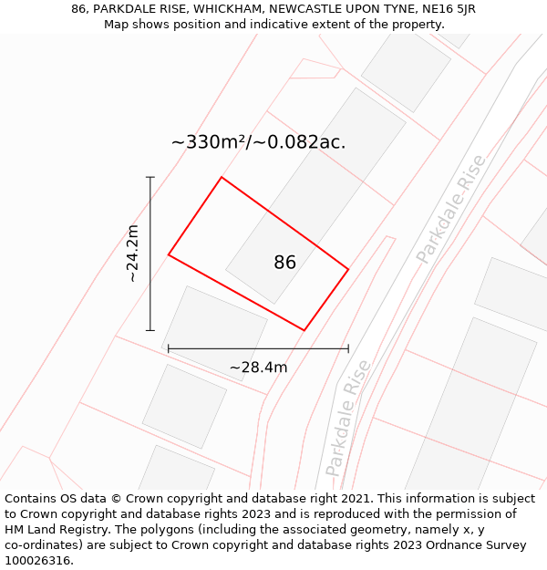 86, PARKDALE RISE, WHICKHAM, NEWCASTLE UPON TYNE, NE16 5JR: Plot and title map