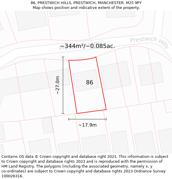 86, PRESTWICH HILLS, PRESTWICH, MANCHESTER, M25 9PY: Plot and title map