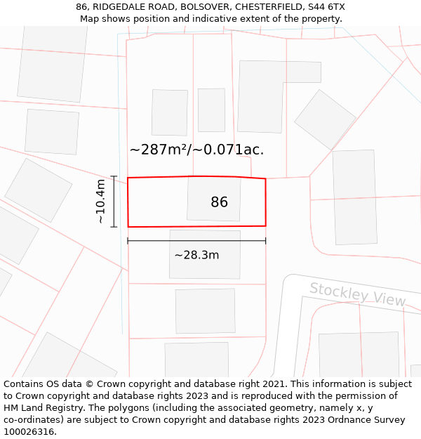 86, RIDGEDALE ROAD, BOLSOVER, CHESTERFIELD, S44 6TX: Plot and title map