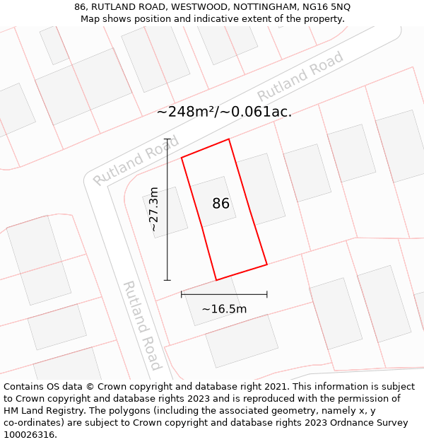 86, RUTLAND ROAD, WESTWOOD, NOTTINGHAM, NG16 5NQ: Plot and title map