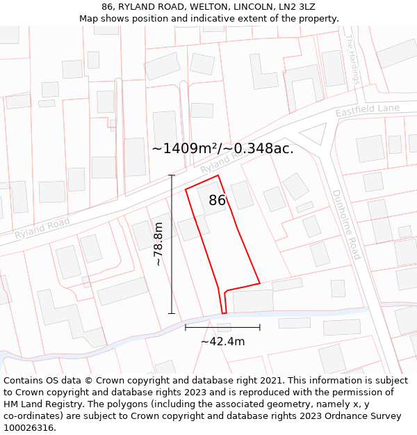 86, RYLAND ROAD, WELTON, LINCOLN, LN2 3LZ: Plot and title map