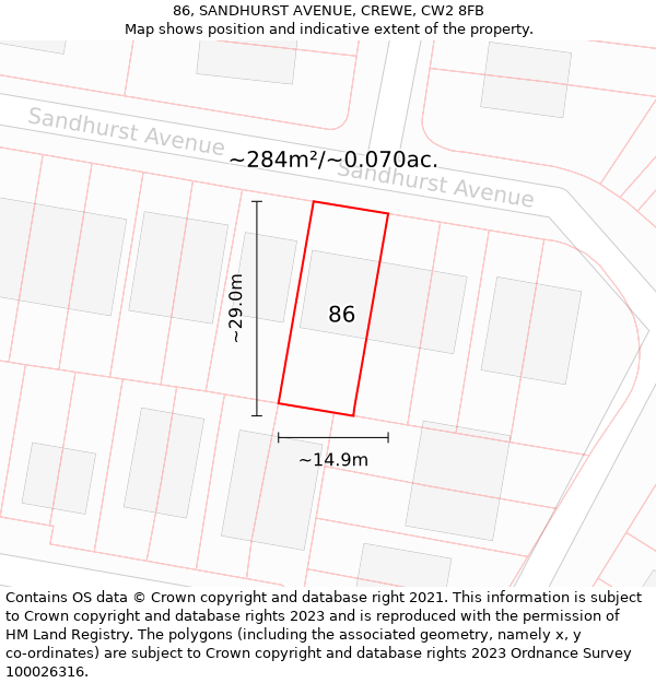 86, SANDHURST AVENUE, CREWE, CW2 8FB: Plot and title map