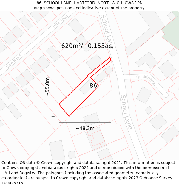 86, SCHOOL LANE, HARTFORD, NORTHWICH, CW8 1PN: Plot and title map