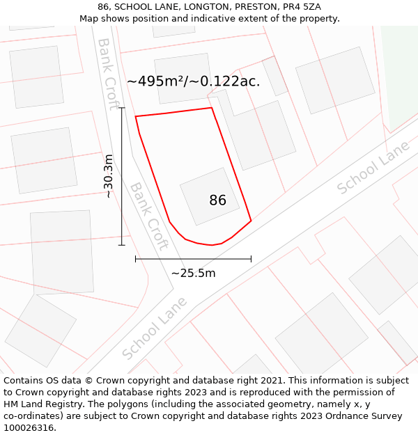 86, SCHOOL LANE, LONGTON, PRESTON, PR4 5ZA: Plot and title map