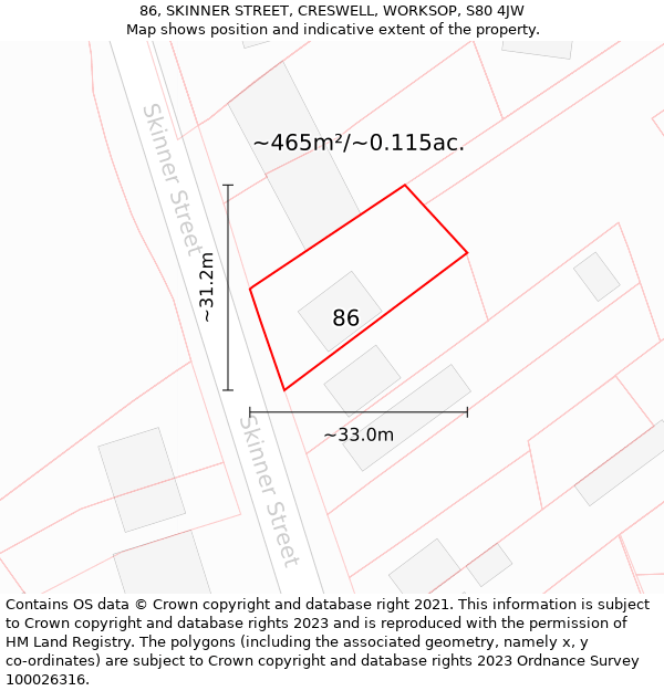 86, SKINNER STREET, CRESWELL, WORKSOP, S80 4JW: Plot and title map