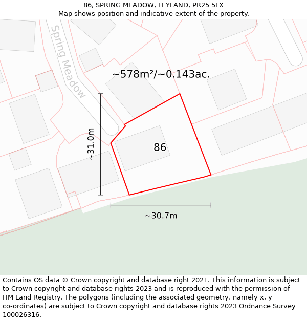 86, SPRING MEADOW, LEYLAND, PR25 5LX: Plot and title map