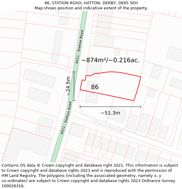 86, STATION ROAD, HATTON, DERBY, DE65 5EH: Plot and title map