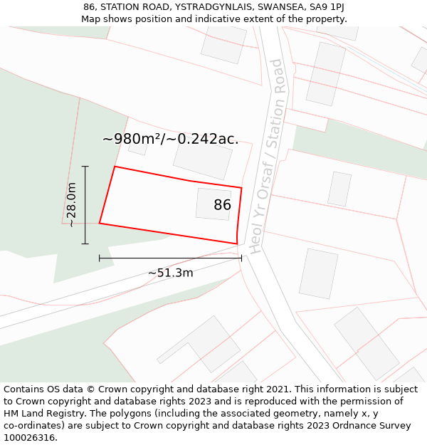 86, STATION ROAD, YSTRADGYNLAIS, SWANSEA, SA9 1PJ: Plot and title map