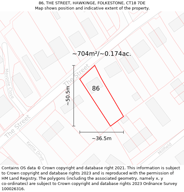 86, THE STREET, HAWKINGE, FOLKESTONE, CT18 7DE: Plot and title map