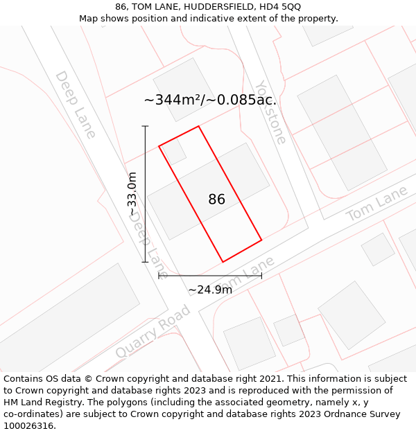 86, TOM LANE, HUDDERSFIELD, HD4 5QQ: Plot and title map