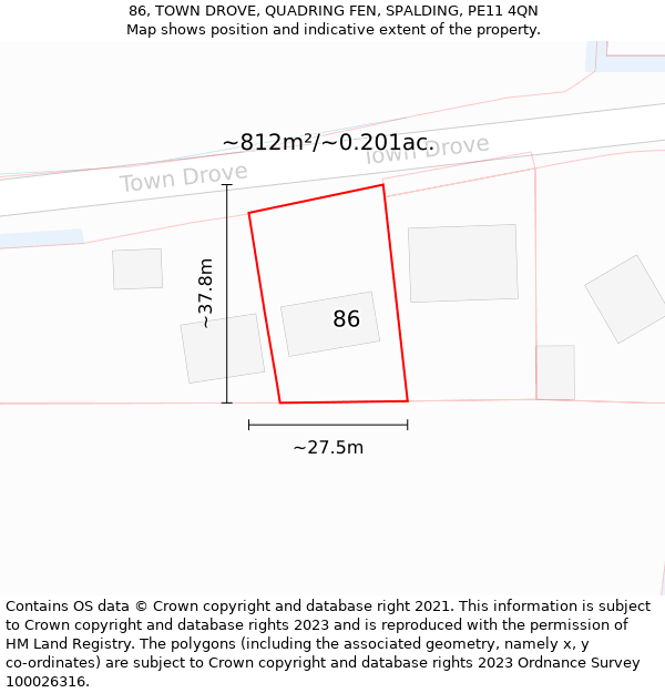 86, TOWN DROVE, QUADRING FEN, SPALDING, PE11 4QN: Plot and title map