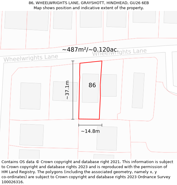 86, WHEELWRIGHTS LANE, GRAYSHOTT, HINDHEAD, GU26 6EB: Plot and title map