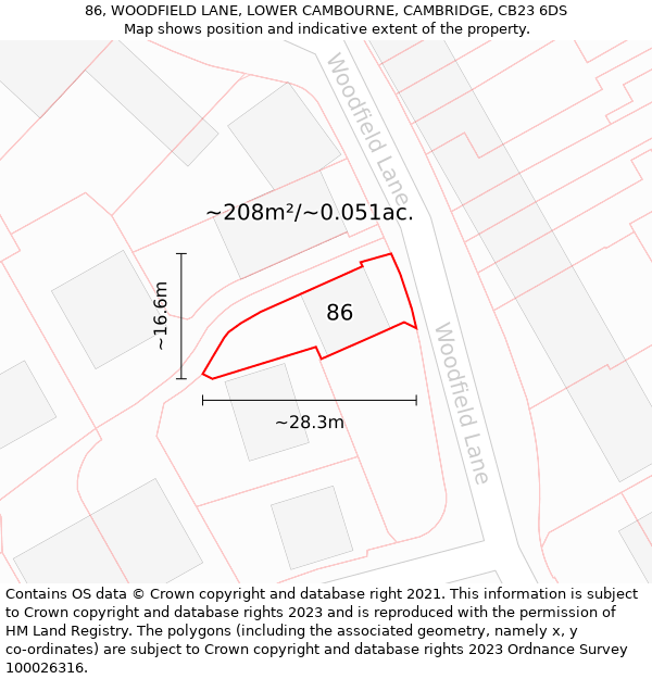 86, WOODFIELD LANE, LOWER CAMBOURNE, CAMBRIDGE, CB23 6DS: Plot and title map