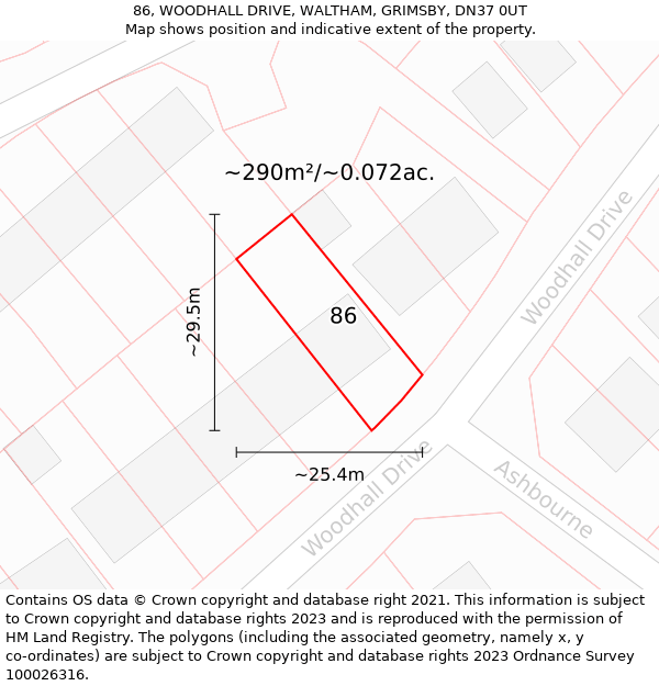 86, WOODHALL DRIVE, WALTHAM, GRIMSBY, DN37 0UT: Plot and title map