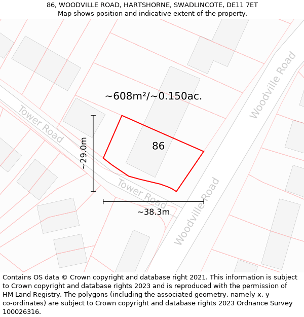 86, WOODVILLE ROAD, HARTSHORNE, SWADLINCOTE, DE11 7ET: Plot and title map