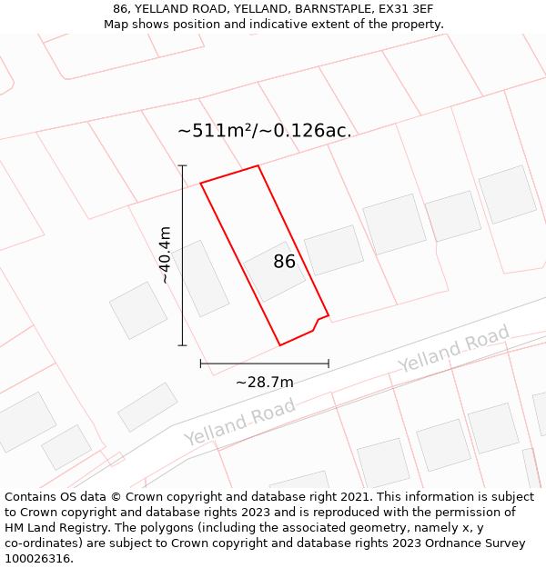 86, YELLAND ROAD, YELLAND, BARNSTAPLE, EX31 3EF: Plot and title map