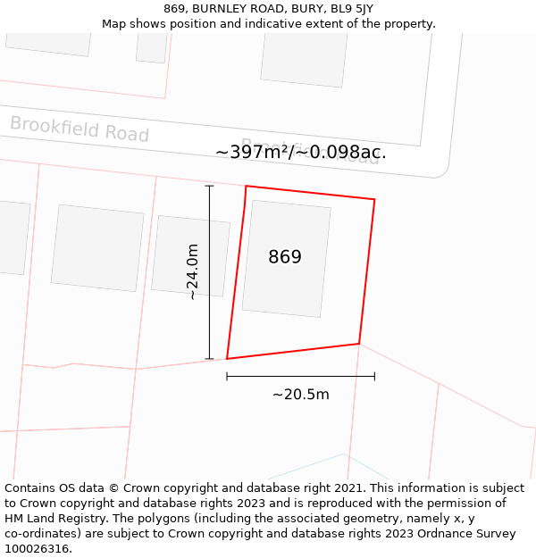 869, BURNLEY ROAD, BURY, BL9 5JY: Plot and title map
