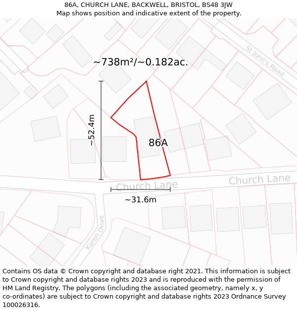 86A, CHURCH LANE, BACKWELL, BRISTOL, BS48 3JW: Plot and title map