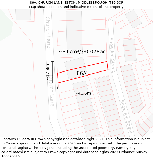 86A, CHURCH LANE, ESTON, MIDDLESBROUGH, TS6 9QR: Plot and title map