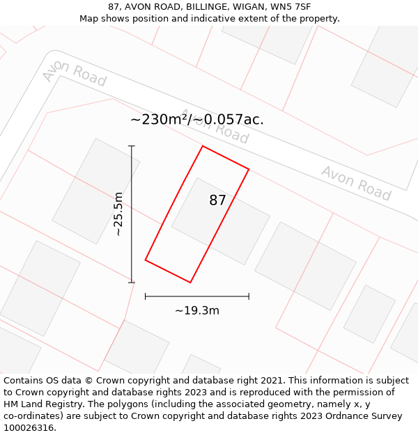 87, AVON ROAD, BILLINGE, WIGAN, WN5 7SF: Plot and title map