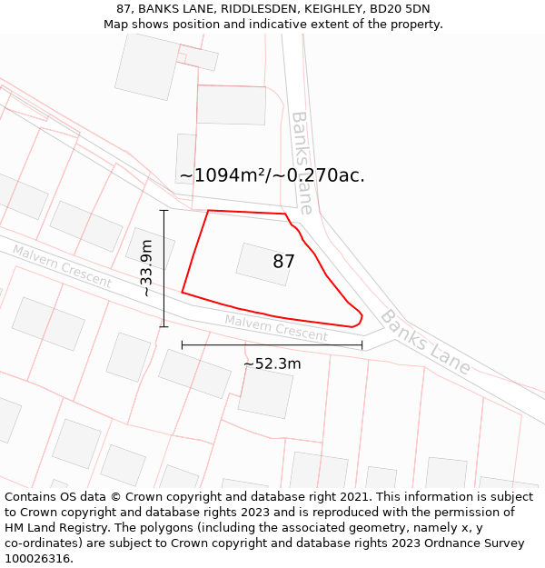 87, BANKS LANE, RIDDLESDEN, KEIGHLEY, BD20 5DN: Plot and title map