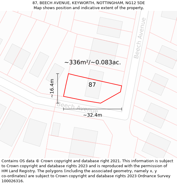 87, BEECH AVENUE, KEYWORTH, NOTTINGHAM, NG12 5DE: Plot and title map